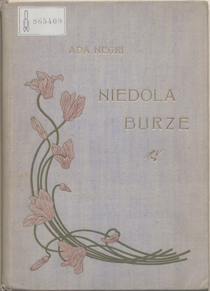 Okładka książki w kolorze szarym, na okładce różowe kwiaty.