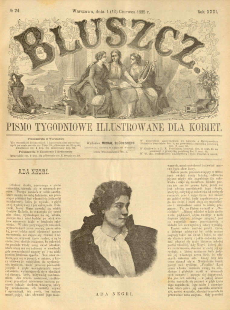Pierwsza strona czasopisma Bluszcz, na górze trzy siedzące i rozmawiające ze sobą kobiety, na środku popiersie kobiety.