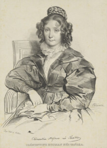 Rycina przedstawiająca siedząca kobietę w XIX wiecznej sukni.
