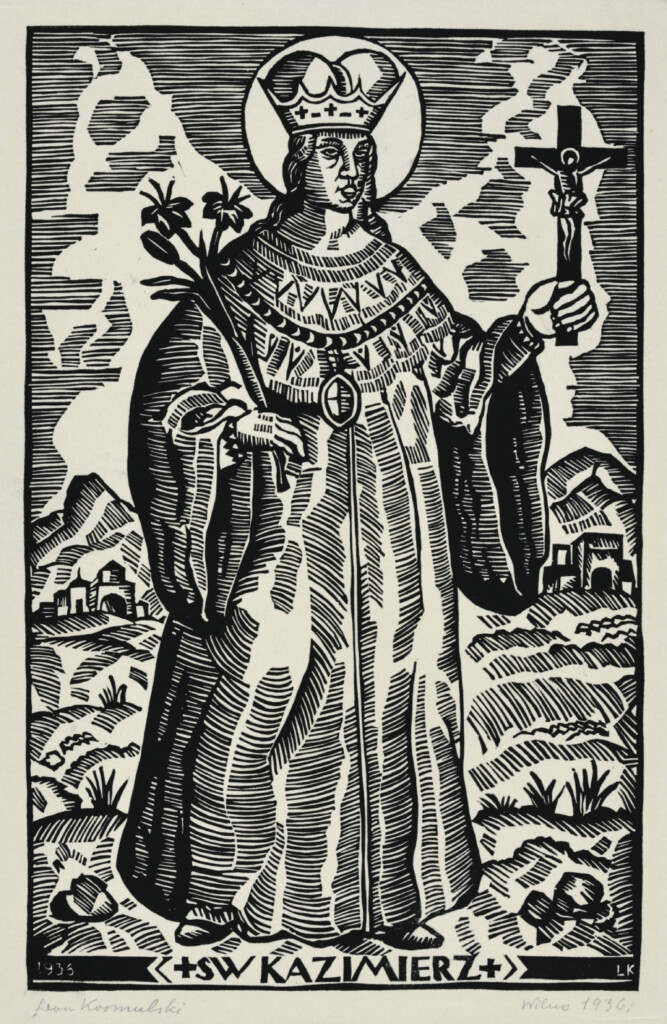 Rycina przedstawiająca króla lub księcia trzymającego w ręku krzyż i lilię.