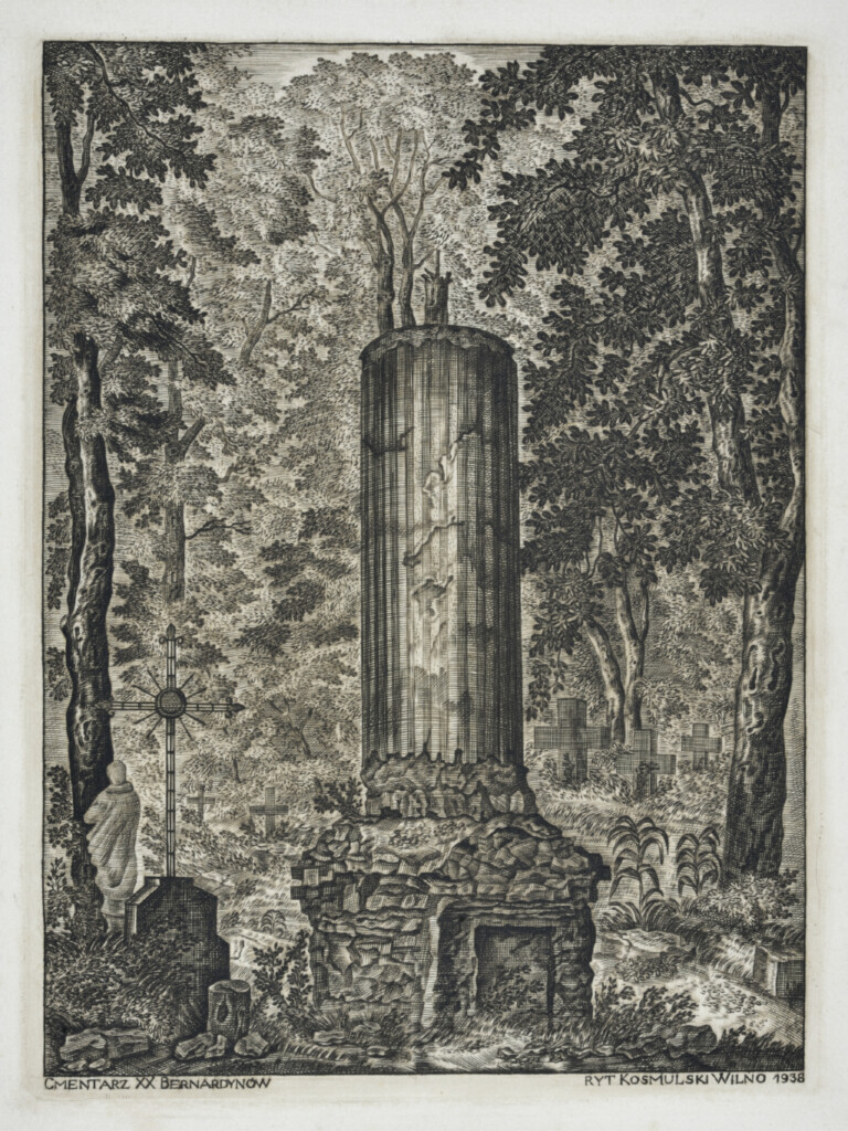 Rycina przedstawiająca cmentarz. Na pierwszym planie nagrobek w kształcie kolumny, na drugim planie krzyże i drzewa.