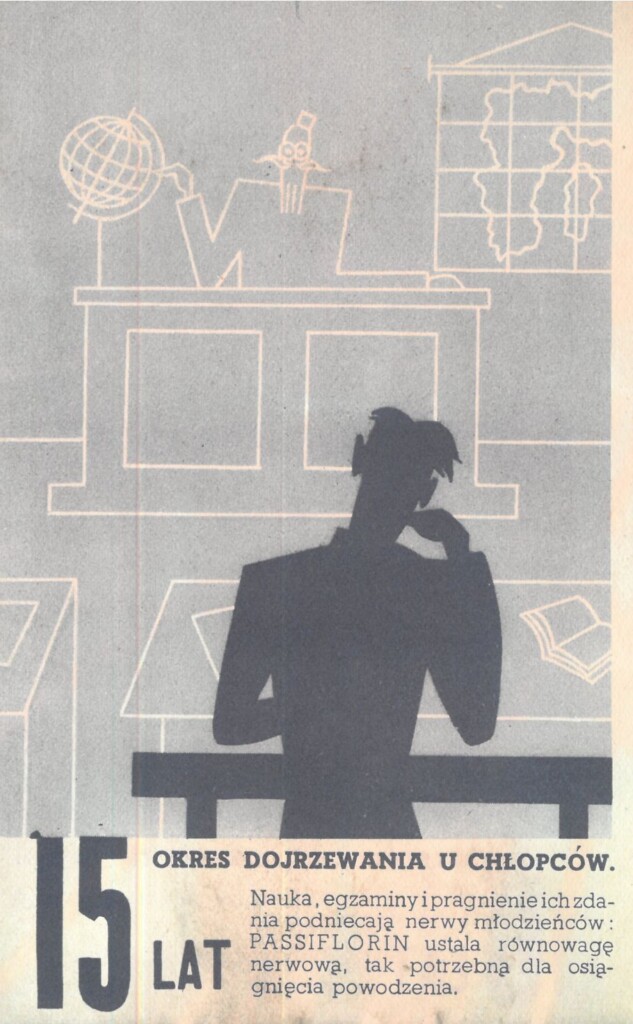 rysunek chłopca siedzącego w ławce szkolnej, za katedrą brodaty mężczyzna w okularach wskazuje na globus, tekst: 15 lat okres dojrzewania u chłopców
