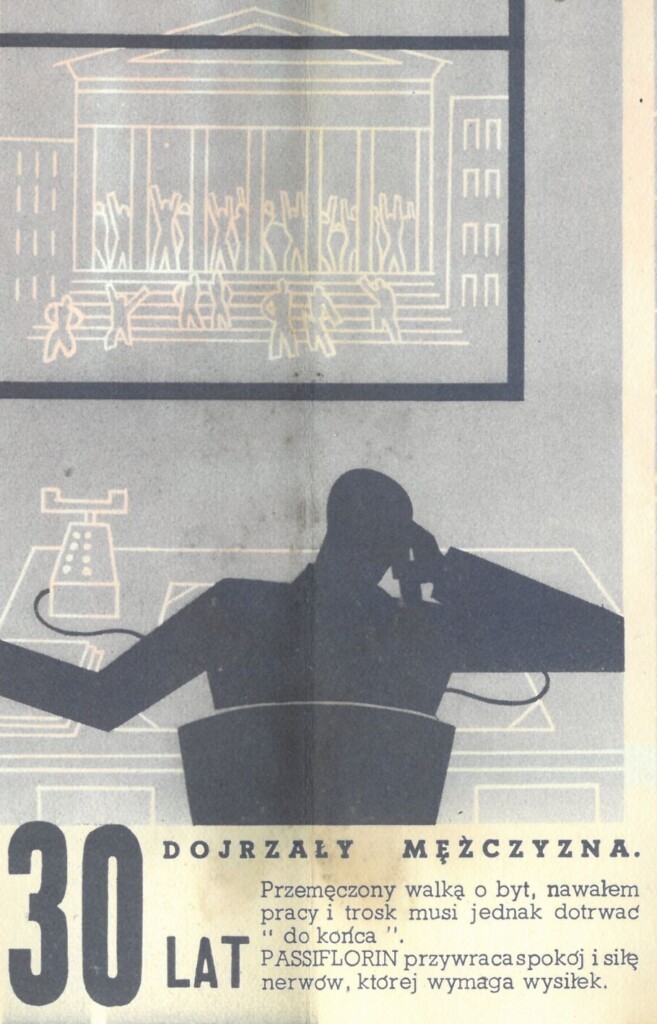 rysunek mężczyzny siedzącego za biurkiwm i rozmawiającego przez telefon, przez okno widać portyk budynku, a w nim tłum z podniesionymi rękami, tekst: 30 lat, dojrzały mężczyzna