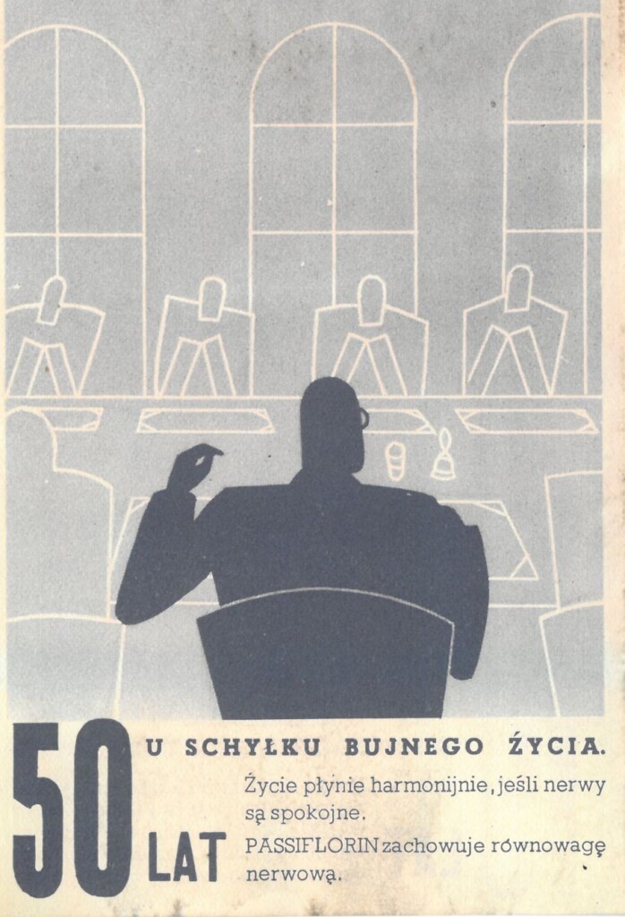 rysunek mężczyzny siedzącego przy stole konferencyjnym z innymi osobami, tekst: 50 lat, u schyłku bujnego życia