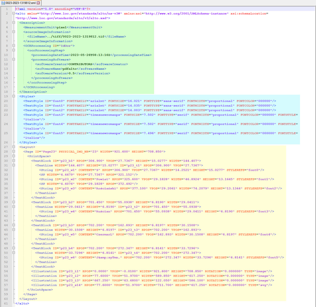 Screen edytora XML, z zaznaczonymi kolorami fragmentami kodu pliku ALTO.