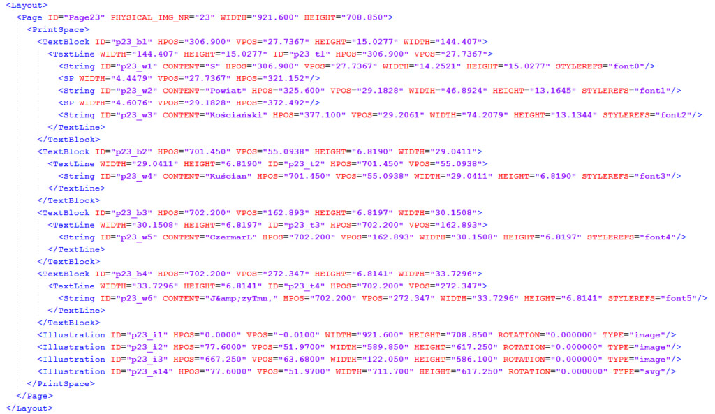 Screen edytora XML, kodem pliku ALTO.