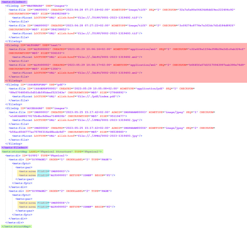 Screen edytora XML, z zaznaczonymi fragmentami kodu pliku METS.
