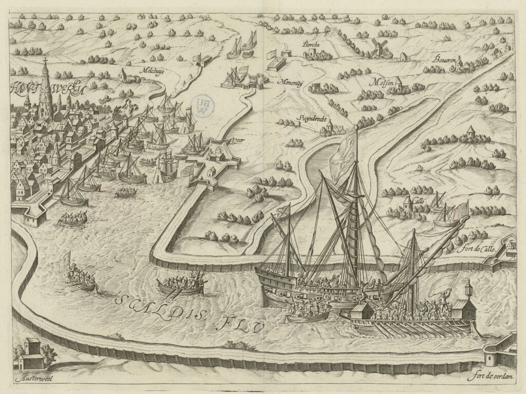 Stara mapa przedstawiająca bitwę. Okręty wojenne na rzece i miasto.