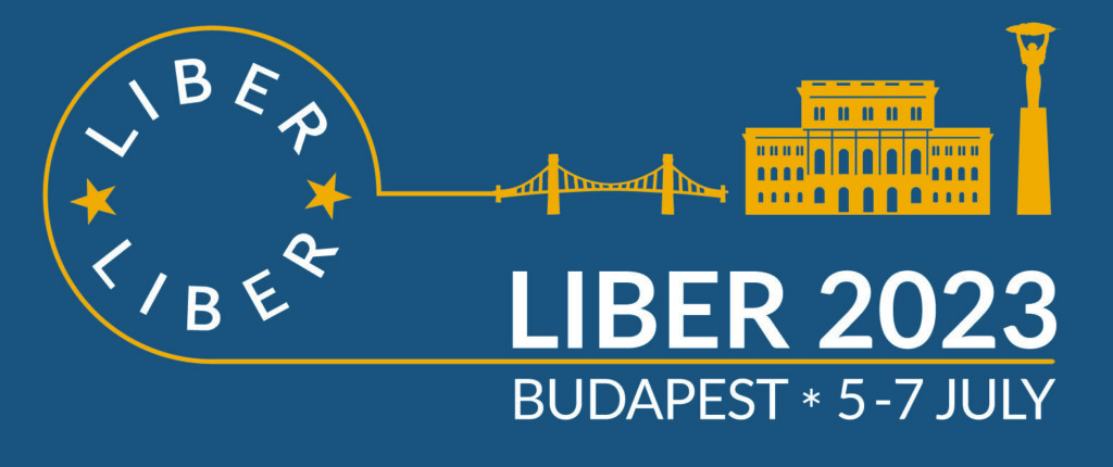 Logo Konferencji LIBER 2023, a nim zarys mostu, budynku i pomnika.