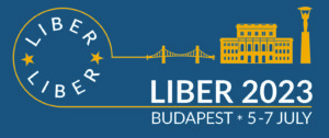 Logo Konferencji LIBER 2023, a nim zarys mostu, budynku i pomnika.