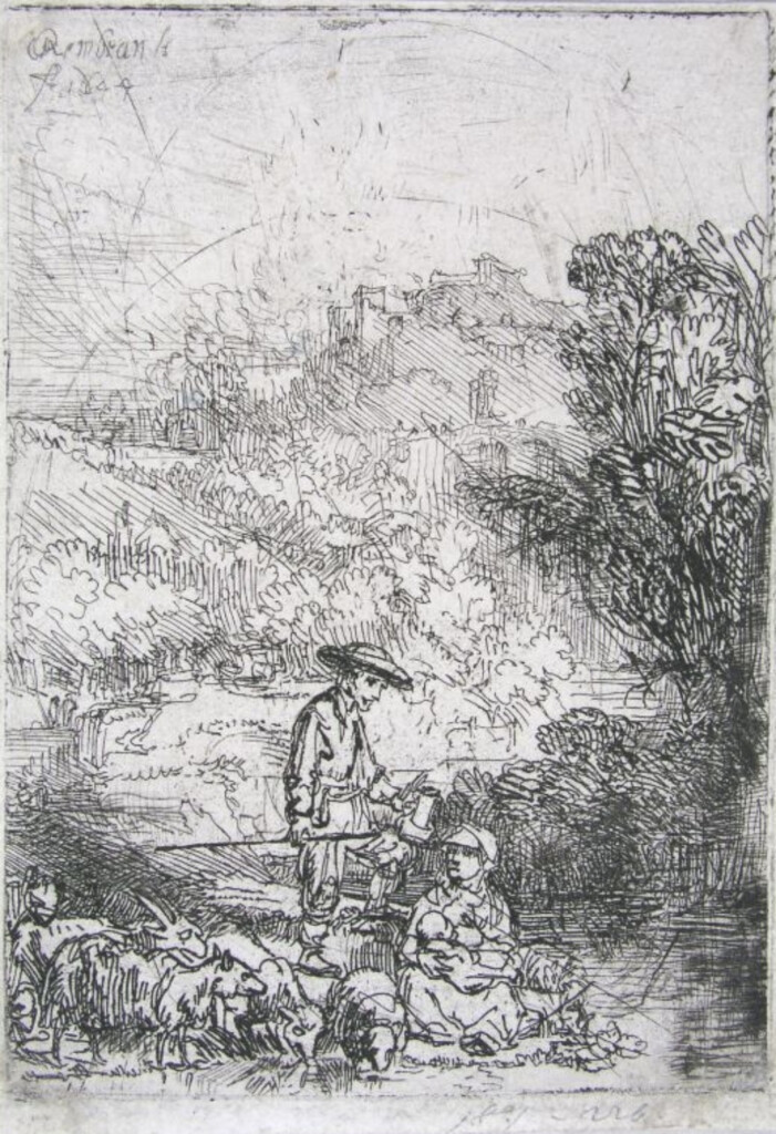 Szkic przedstawiający dwoje ludzi wypasających owce.