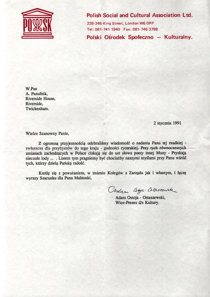 list gratulacyjny na papierze firmowym Polskiego Ośrodka Społeczno-Kulturalnego w Londynie