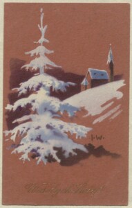 brązowa kartka z rysunkiem ośnieżonej choinki i kościoła