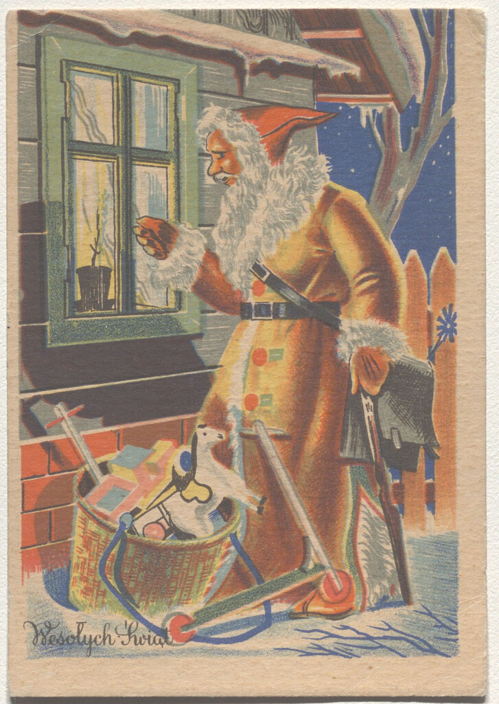 Kolorowy obrazek ze św. Mikołajem stojącym przy oknie