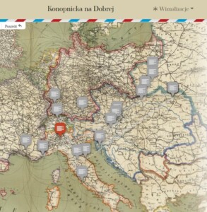 mapa Europy z zaznaczonymi miejscami pobytu Konopnickiej