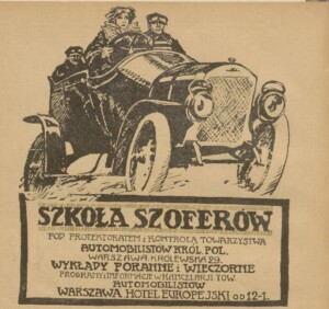 rysunek automobilu prowadzonego przez kobietę, z dwoma mężczyznami jako pasażerami, podpisany: Szkoła szoferów ... Warszawa