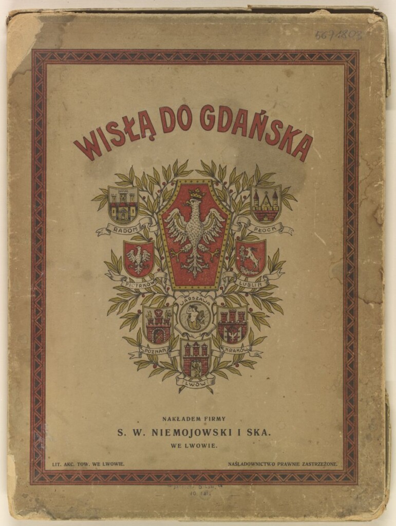 wieko pudełka z napisem Wisłą do Gdańska i wizerunkiem Orła Białego na czerwonej tarczy i 8 herbów miast polskich