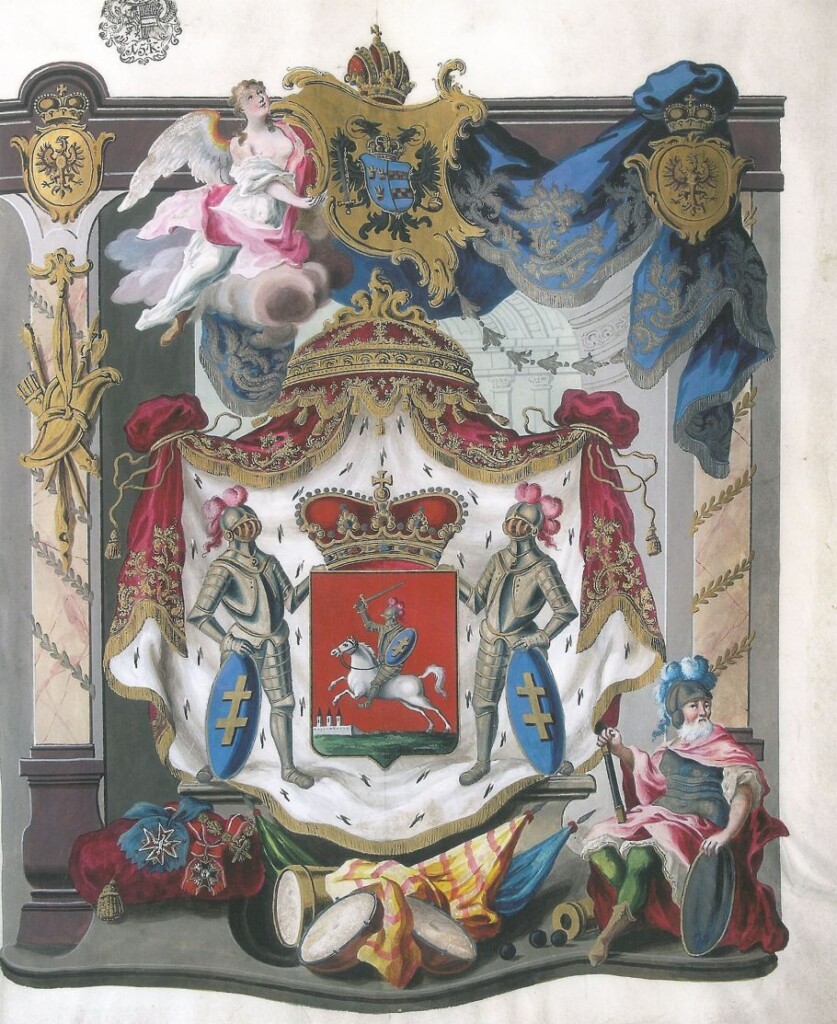 Ilustracja, w centralnym punkcie herb, wokół niego rysunki rycerzy, ozdobne płótna itp.
