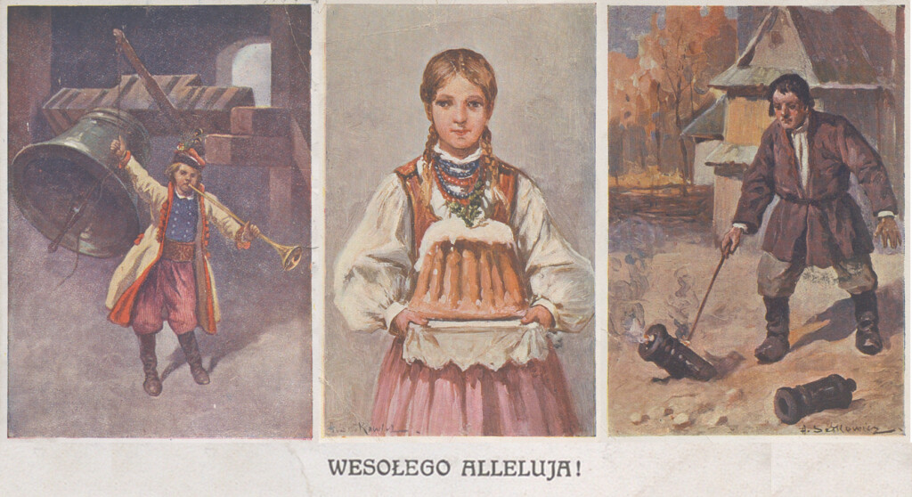 Trzy obrazki: Krakowiak grający na trąbce i bijący w dzwony, dziewczyna w stroju ludowym trzymająca babę wielkanocną, chłop odpalający fajerwerki przed kościołem.