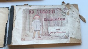 Zniszczona strona książki z ilustracją przedstawiającą dziecko idące w lesie.