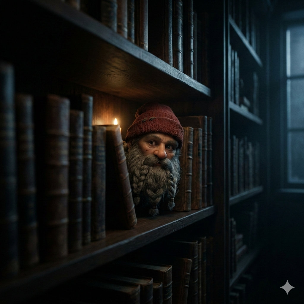 Krasnoludek wyglądający spomiędzy książek.