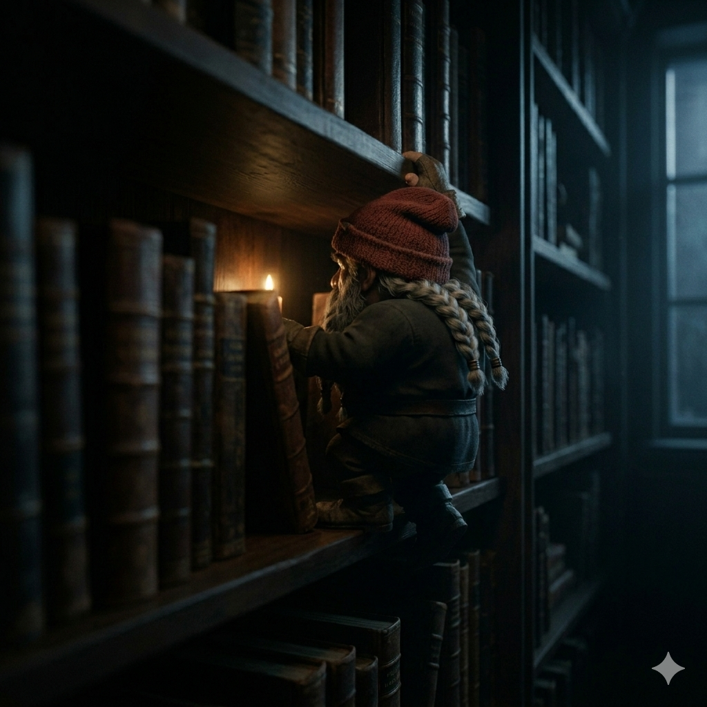 Krasnoludek schodzący z półki z książkami.