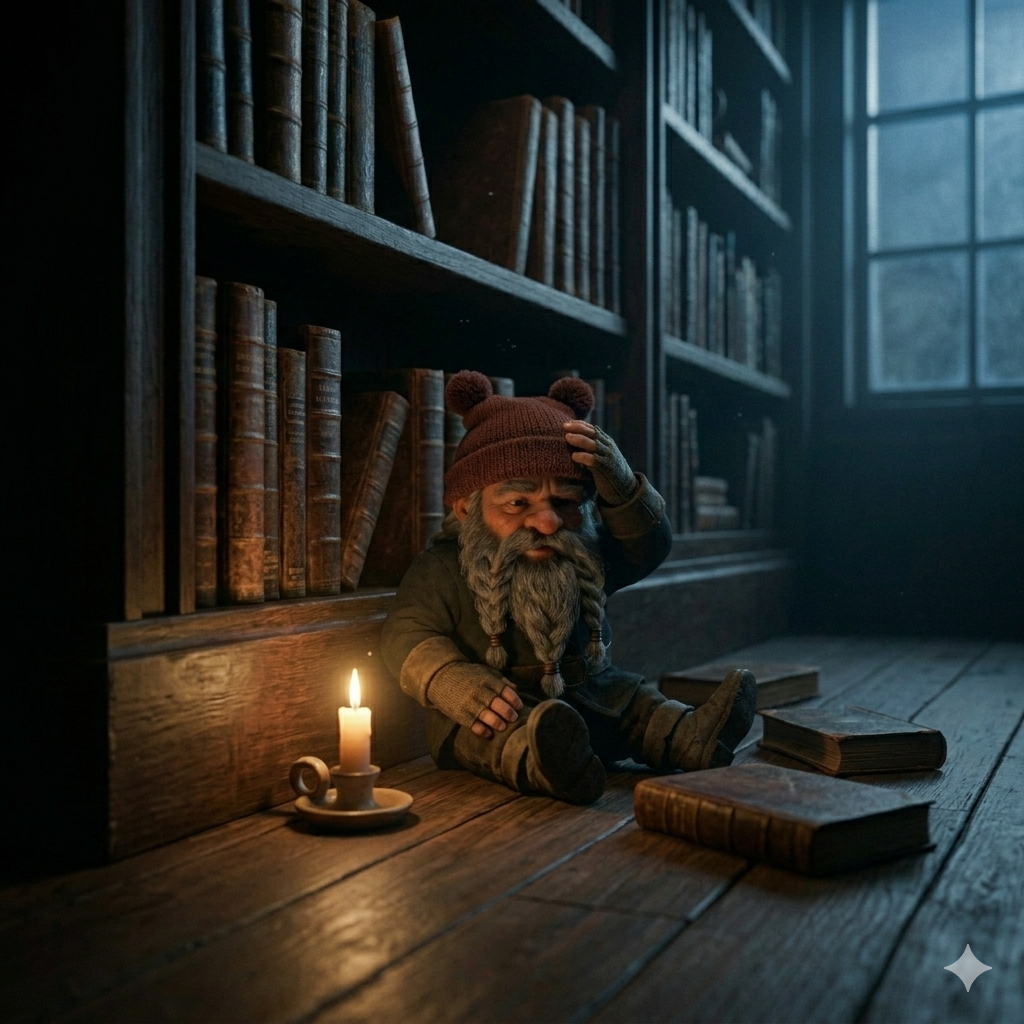 Krasnoludek siedzący pod półką z książkami i trzymający się za głowę