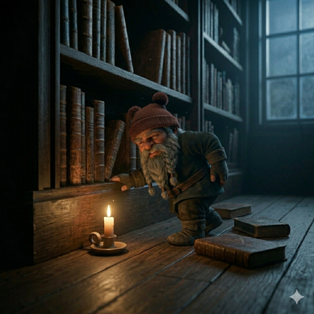 Krasnoludek pod półką z książkami, rozmasowujący sobie tylną część ciała.